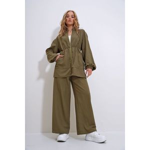 Trend Alaçatı Stili Women's Khaki High Collar Front Zipper Double Pocket Woven Jacket and Trousers Double Suit obraz