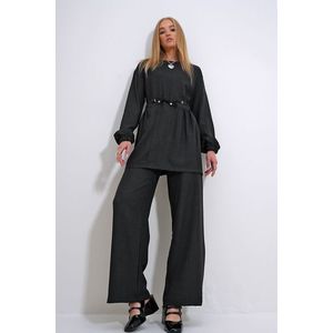 Trend Alaçatı Stili Women's Black Crew Neck Self-Belt Palazzo Trousers Tunic Suit obraz