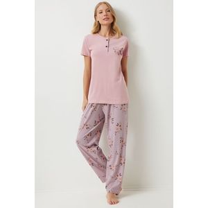 Happiness İstanbul Women's Pink Buttoned T-Shirt Floral Pants Knitted Pajama Set obraz