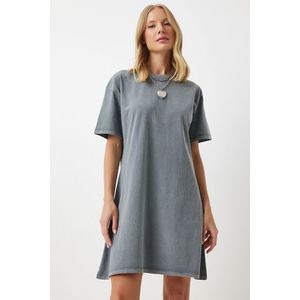 Happiness İstanbul Women's Anthracite Crew Neck Oversize Knitted T-Shirt Dress obraz