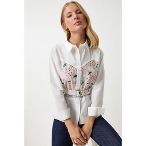 Happiness İstanbul Women's Ecru Pink Floral Embroidery Detailed Woven Shirt obraz