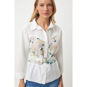 Happiness İstanbul Women's Ecru Yellow Floral Embroidery Detailed Woven Shirt obraz