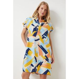 Happiness İstanbul Women's Yellow Blue Polo Neck Patterned Summer Dress obraz