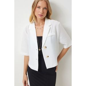 Happiness İstanbul Women's White Shawl Collar Seasonal Linen Ayrobin Shirt Jacket obraz