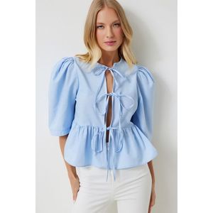 Happiness İstanbul Women's Sky Blue Bow Balloon Sleeve Cotton Poplin Blouse obraz