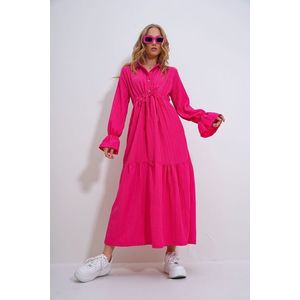 Trend Alaçatı Stili Women's Fuchsia Shirt Buttoned Front Collar and Bellows Skirt Flounce Woven Hijab Dress obraz