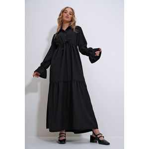 Trend Alaçatı Stili Women's Black Shirt Buttoned Front Collar and Bellows Skirt Flounce Woven Hijab Dress obraz