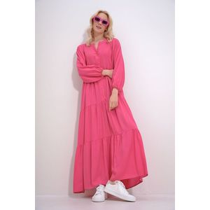 Trend Alaçatı Stili Women's Fuchsia Crew Neck Buttoned Flounced Skirt Gathered Viscose Dress obraz