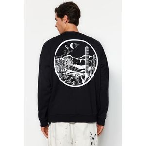 Trendyol Black Oversize/Wide Cut Tropical Back Printed Cotton Sweatshirt with Fleece Inside obraz