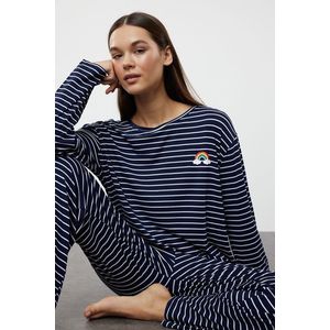 Trendyol Navy Blue Striped Rainbow Printed Viscose Knitted Pajama Set obraz