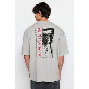 Trendyol Gray Oversize 100% Cotton Anime Printed T-Shirt obraz