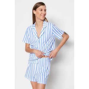 Trendyol Blue 100% Cotton Striped Shirt-Shorts Knitted Pajamas Set obraz