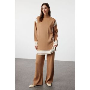 Trendyol Camel Relaxed Cut Knitwear Striped Tunic-Pants Bottom-Top Set obraz