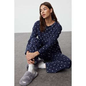 Trendyol Navy Blue Printed Single Jersey Knitted Pajama Set obraz