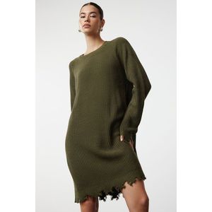 Trendyol Khaki Plain Mini Knitwear Flowing Detailed Knitwear Dress obraz