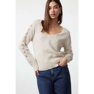 Trendyol Stone Openwork/Perforated V-Neck Knitwear Sweater obraz