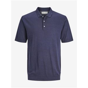 Tmavě modré pánské úpletové polo tričko s příměsí lnu Jack & Jones Igor obraz