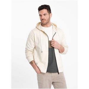 Krémová pánská basic mikina na zip s kapucí Ombre Clothing obraz