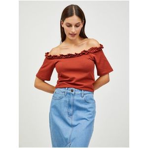 Hnědý crop top s odhalenými rameny Pieces Leah obraz