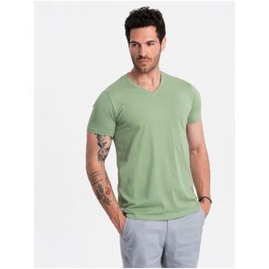 Bavlněné klasické pánské tričko BASIC s výstřihem do V - zelené V11 OM-TSBS-0145 Ombre Clothing obraz