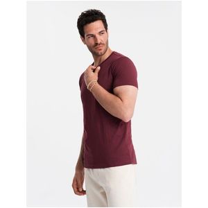 Bavlněné klasické pánské tričko BASIC s výstřihem do V - bordó V10 OM-TSBS-0145 Ombre Clothing obraz