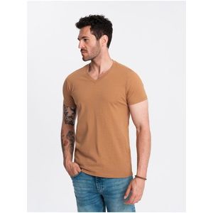 Pánské klasické bavlněné tričko BASIC s výstřihem do V - hnědé V9 OM-TSBS-0145 Ombre Clothing obraz