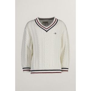 SVETR GANT STRIPED CABLE KNIT V-NECK EGGSHELL obraz