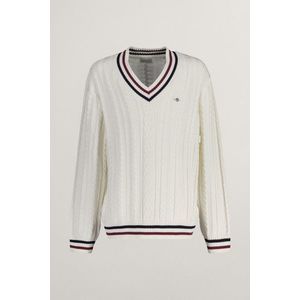 SVETR GANT STRIPED CABLE V-NECK EGGSHELL obraz