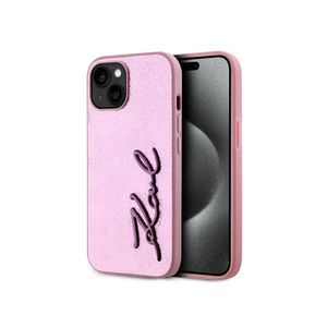 Wrinkled PU Signature Logo Zadní Kryt pro iPhone 15 Pink Karl Lagerfeld obraz