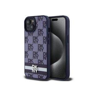 DKNY PU Leather Checkered Pattern and Stripe Zadní Kryt pro iPhone 15 Blue obraz